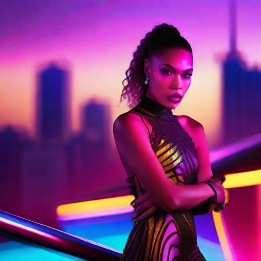  a glamorous digital magazine photoshoot, a fashionable model wearing avant garde clothing, set in a futuristic cyberpunk roof top environment, with a neon lit city background, intricate high fashion details, backlit by vibrant city glow, Vogue fashion photography