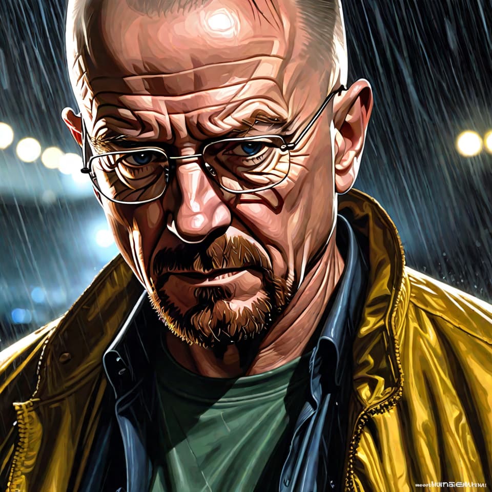  portrait of walter white as heisenberg, with mean look, rain, mystical, dark, dramatic, epic composition, 12K, hyperrealism, unforgettable, in the style of mike deodato, realistic detail, realistic hyper detailed rendering, realistic painted still lifes, insanely intricate,