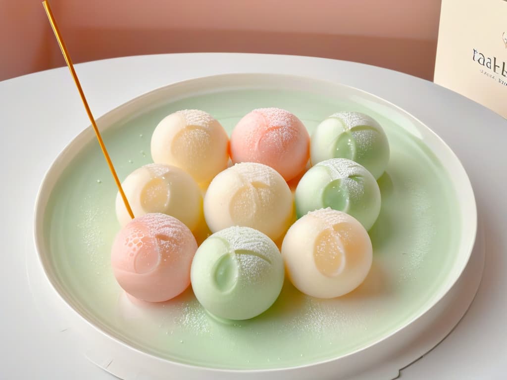  An image of a pristine white porcelain plate elegantly displaying a trio of perfectly round, pastelhued dango skewers. The dango balls are meticulously arranged in a symmetrical pattern, showcasing the soft pink, pale green, and light beige colors. Each skewer is topped with a delicate, translucent glaze that glistens under a soft, diffused light, creating a serene and sophisticated composition that exudes an air of authenticity and culinary mastery. hyperrealistic, full body, detailed clothing, highly detailed, cinematic lighting, stunningly beautiful, intricate, sharp focus, f/1. 8, 85mm, (centered image composition), (professionally color graded), ((bright soft diffused light)), volumetric fog, trending on instagram, trending on tumblr, HDR 4K, 8K