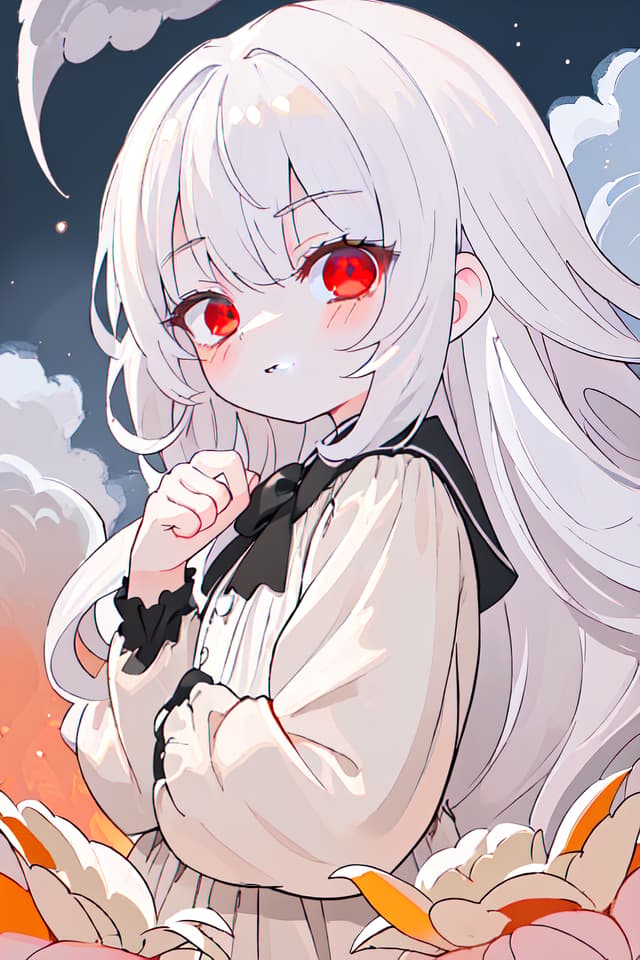  ultra detailed:1.2masterpiece:1.2,best quality,masterpiece,bestquality,hdr:1.1,8k:1.1,very cute girl:1.3,white hair:1.3,very long hair,volume hair:0.7,flare hair:1.2,curly hair:1.4,red eyes,bad mood:1.3,sleepy eyes:1.2,closed mouth:1.3,upper body:1.3,dutch angle,half closed eyes:1.8,sulking:1.6,bored:1.3,upper body:1.1,from side,from above ,grin:0.6,looking viewer