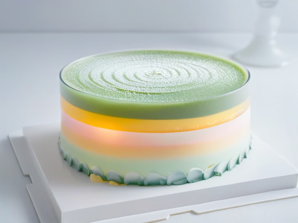  A closeup, ultradetailed image of layers of clear gelatin in different shades of pastel colors, perfectly set in a transparent glass dessert dish. The light delicately reflects off the smooth surface of each layer, highlighting the meticulous craftsmanship and precision of the multiple gelification technique. hyperrealistic, full body, detailed clothing, highly detailed, cinematic lighting, stunningly beautiful, intricate, sharp focus, f/1. 8, 85mm, (centered image composition), (professionally color graded), ((bright soft diffused light)), volumetric fog, trending on instagram, trending on tumblr, HDR 4K, 8K