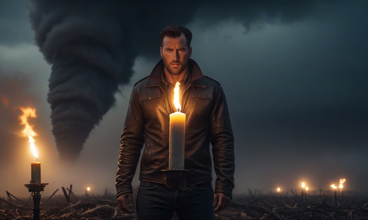  "The candle flame inside a tornado" hyperrealistic, full body, detailed clothing, highly detailed, cinematic lighting, stunningly beautiful, intricate, sharp focus, f/1. 8, 85mm, (centered image composition), (professionally color graded), ((bright soft diffused light)), volumetric fog, trending on instagram, trending on tumblr, HDR 4K, 8K