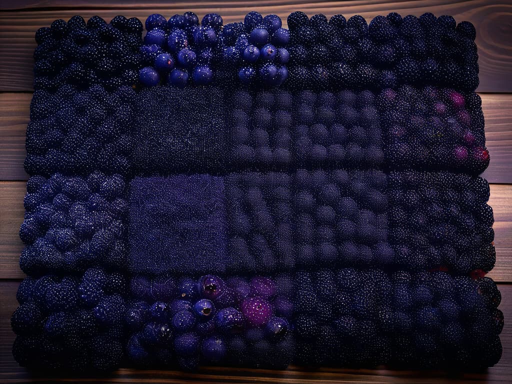  A closeup, ultradetailed image of ripe maqui berries glistening with dew drops, meticulously arranged in a perfectly aligned row on a sleek, dark wooden surface. The berries are plump and deep purple in color, their skins reflecting the soft ambient light to highlight their natural, antioxidantrich allure. The image captures the intricate textures of the berries, showcasing every tiny hair and speck on their surface, inviting the viewer to appreciate the beauty and potency of these superfoods in a minimalist and elegant composition. hyperrealistic, full body, detailed clothing, highly detailed, cinematic lighting, stunningly beautiful, intricate, sharp focus, f/1. 8, 85mm, (centered image composition), (professionally color graded), ((bright soft diffused light)), volumetric fog, trending on instagram, trending on tumblr, HDR 4K, 8K