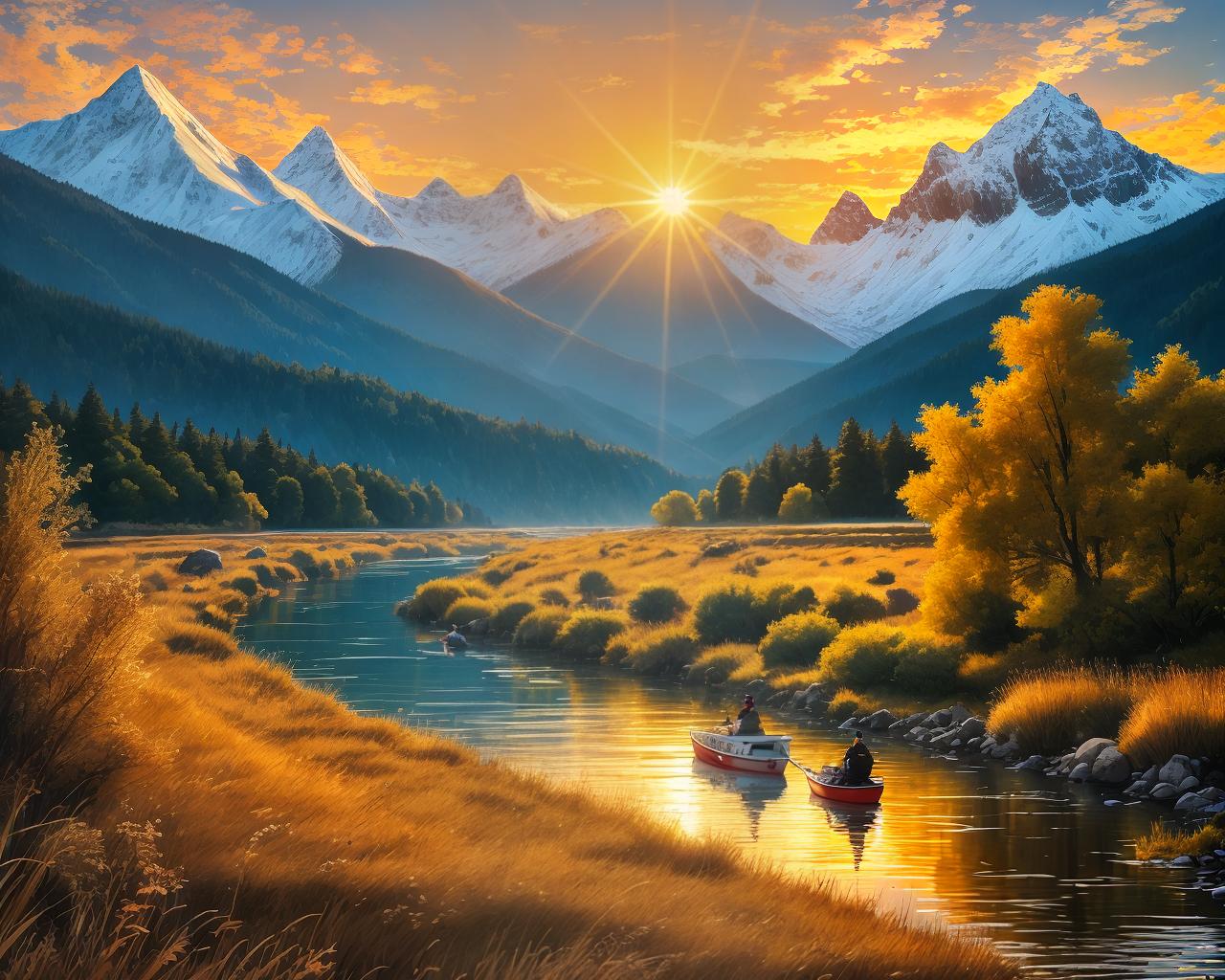  ink punk style of a boat late at midnight sailing along a river with mountains in the background, the sun has just risen, gold/yellowish colors peaceful, detailed, painting, clouds in the sky, snowy mountains, fish jumping out of the river, reeds by the bank of the river,