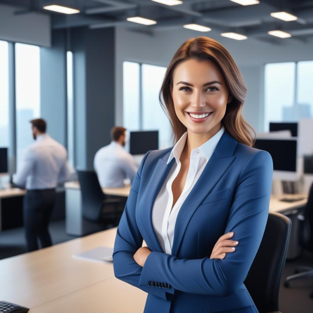  happy smiling young business woman standing in an office, office stock photo, in the style of uhd image, emotionally complex, tenwave, commission for, calculated, balanced asymmetry, sharpness  hyperrealistic, full body, detailed clothing, highly detailed, cinematic lighting, stunningly beautiful, intricate, sharp focus, f/1. 8, 85mm, (centered image composition), (professionally color graded), ((bright soft diffused light)), volumetric fog, trending on instagram, trending on tumblr, HDR 4K, 8K