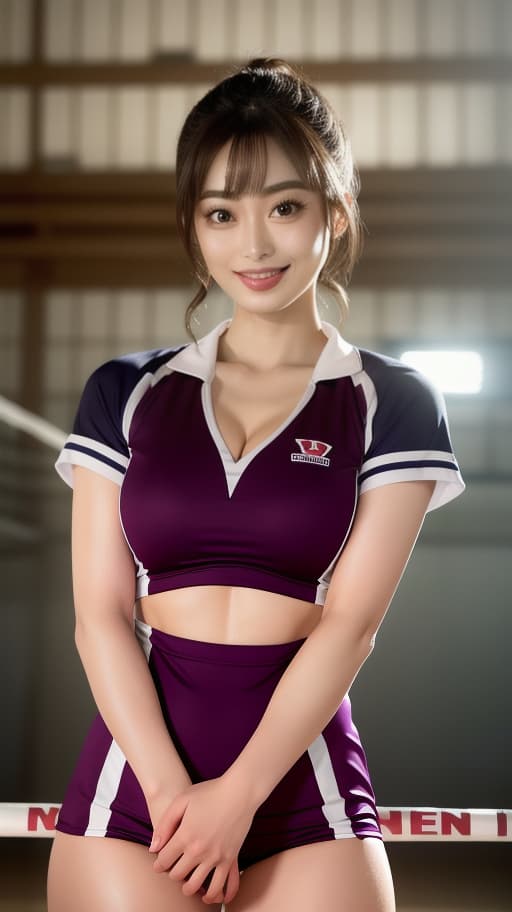  IMAGINE 32K images, cinematography and exotic lighting, beautiful old , volleyball uniform, in small bloomers, man muscles, , nice round , beautiful C cup s, arms folded behind, Japanese, cute, big eyes, long eyelashes, fringe, well made face, pretty made eyes, small face, ((resembles actress Suzu Hirose)), smiling happily, looking at viewer, smiling, (sweaty uniform), gym, indoors, volleyball court, hyperrealistic, full body, detailed clothing, highly detailed, cinematic lighting, stunningly beautiful, intricate, sharp focus, f/1. 8, 85mm, (centered image composition), (professionally color graded), ((bright soft diffused light)), volumetric fog, trending on instagram, trending on tumblr, HDR 4K, 8K