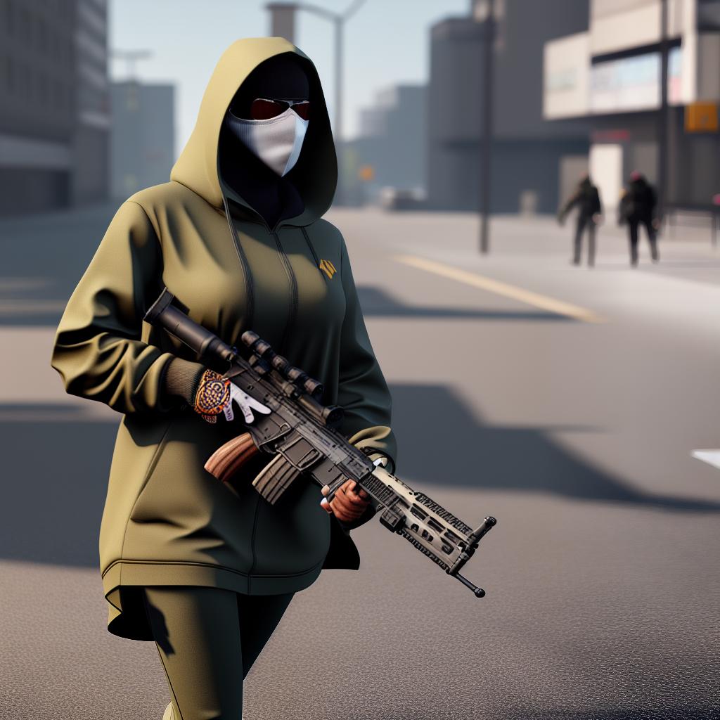  a hooded and masked women with a rifle in hand, in GTA style hyperrealistic, full body, detailed clothing, highly detailed, cinematic lighting, stunningly beautiful, intricate, sharp focus, f/1. 8, 85mm, (centered image composition), (professionally color graded), ((bright soft diffused light)), volumetric fog, trending on instagram, trending on tumblr, HDR 4K, 8K