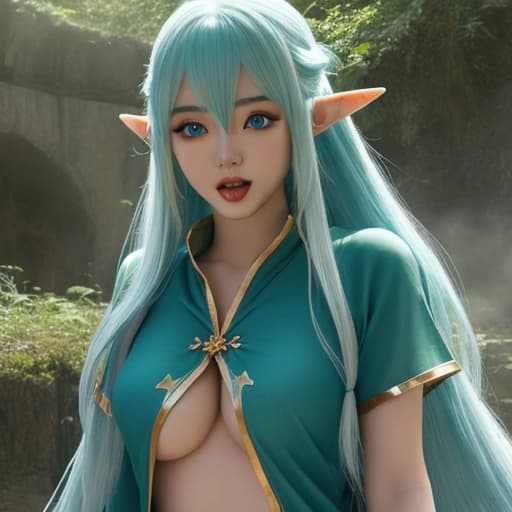  Link bimbofication,  long hair, blue eyes, long pointed ears, enormous covered in,, ahegao,, green tunic, overflowing