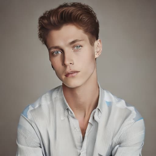 portrait+ style Handsome boy, with tanned skin, grey eyes and dark hair