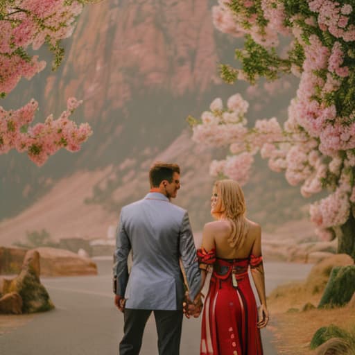 analog style The two lovers walk hand in hand. They looked at each other and smiled. hyperrealistic, full body, detailed clothing, highly detailed, cinematic lighting, stunningly beautiful, intricate, sharp focus, f/1. 8, 85mm, (centered image composition), (professionally color graded), ((bright soft diffused light)), volumetric fog, trending on instagram, trending on tumblr, HDR 4K, 8K