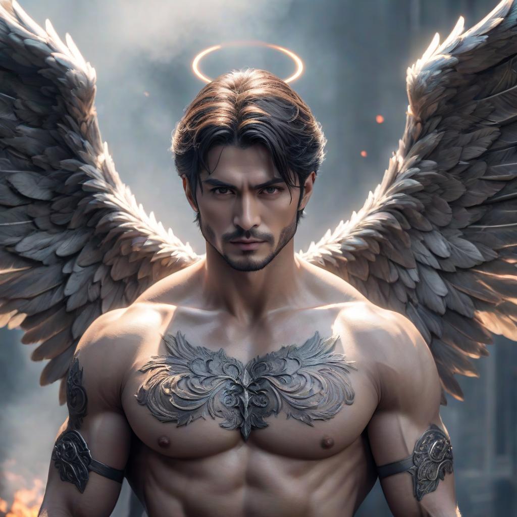  A healthy man is an angel from hell and heaven in one. hyperrealistic, full body, detailed clothing, highly detailed, cinematic lighting, stunningly beautiful, intricate, sharp focus, f/1. 8, 85mm, (centered image composition), (professionally color graded), ((bright soft diffused light)), volumetric fog, trending on instagram, trending on tumblr, HDR 4K, 8K