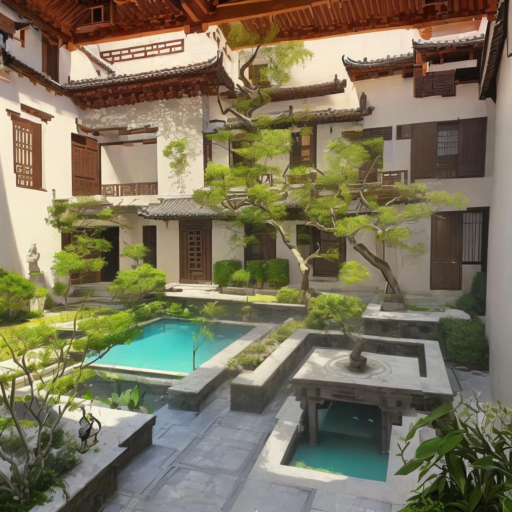  masterpiece, best quality, (fidelity:1.4), best quality, masterpiece, ultra high resolution,8k resolution, traditional Chinese courtyard, a small loft stands in the courtyard, the loft has been renovated and looks new, orchids, laurel trees, bamboo are planted in the courtyard There is a tall loquat tree in the courtyard, birds fly over