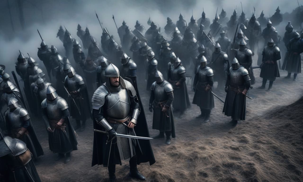  Construct medieval infantry with black armor. View from above. Realism. hyperrealistic, full body, detailed clothing, highly detailed, cinematic lighting, stunningly beautiful, intricate, sharp focus, f/1. 8, 85mm, (centered image composition), (professionally color graded), ((bright soft diffused light)), volumetric fog, trending on instagram, trending on tumblr, HDR 4K, 8K