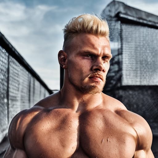 portrait+ style Russian queer strongman blonde hunk dude face