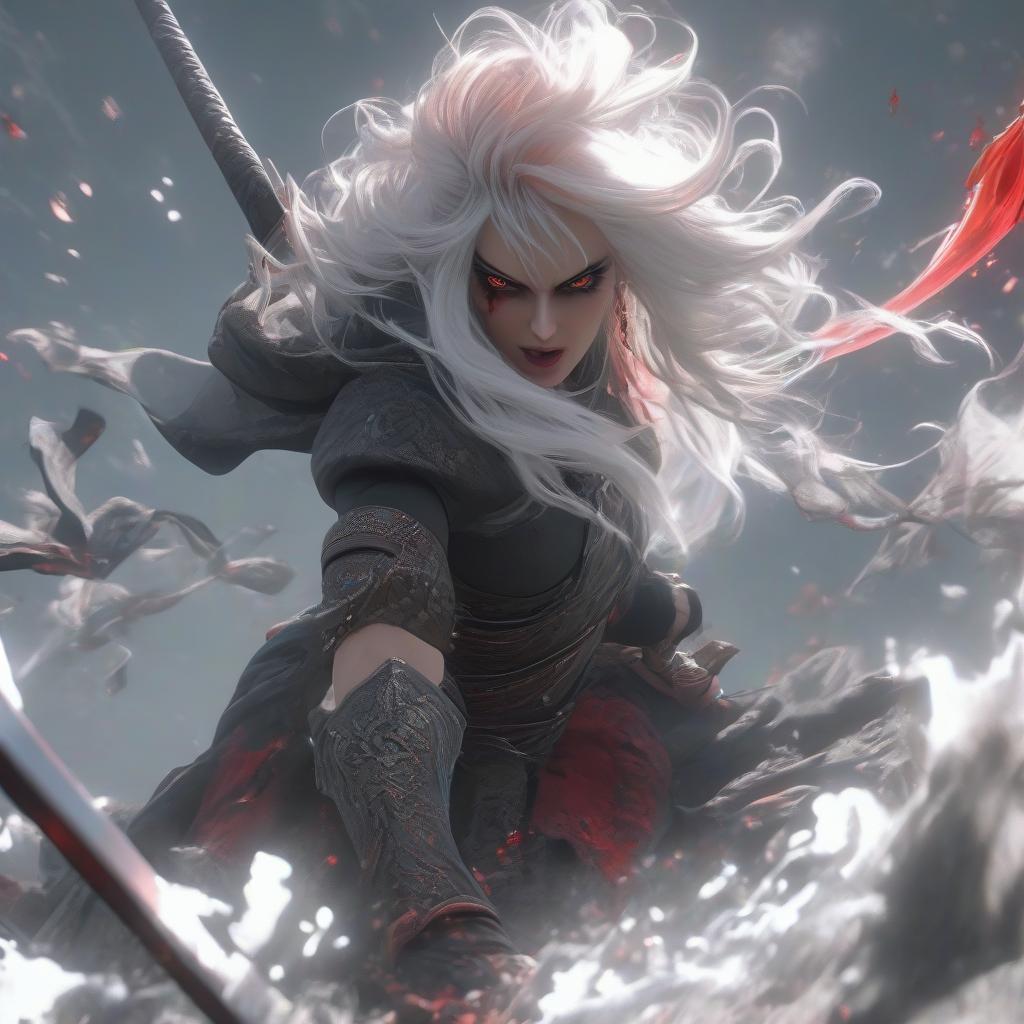  <lora:monv:1>,monv,<lora:bg imgs 10:0.6>,bg imgs,portrait,wallpaper,foreshortening,black dress,(white hair), red long hair, red eyes, (full body), (((with sword))), angry face, (beautiful detailed eyes), Blood drop,Blood fog, floating hair, disheveled hair, Splashing blood,(Bloodstain),looking down,, best quality , masterpiece, illustration, an extremely delicate and beautiful, extremely detailed ,CG,unity,8k wallpaper, Amazing, finely detail, masterpiece, best quality,official art,extremely detailed CG unity 8k wallpaper,absurdres, incredibly absurdres, huge filesize , ultra detailed, highres, extremely detailed,beautiful detailed girl, extremely detailed eyes and face, beautiful detailed eyes,light on face, hyperrealistic, full body, detailed clothing, highly detailed, cinematic lighting, stunningly beautiful, intricate, sharp focus, f/1. 8, 85mm, (centered image composition), (professionally color graded), ((bright soft diffused light)), volumetric fog, trending on instagram, trending on tumblr, HDR 4K, 8K