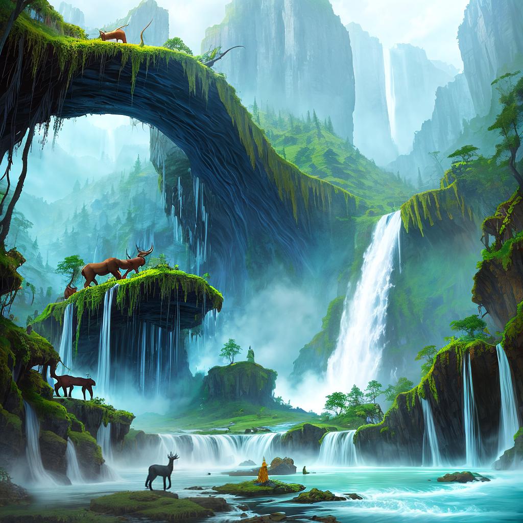  in a fantasy setting, Paint a surreal landscape where mythical beasts roam amidst cascading waterfalls.