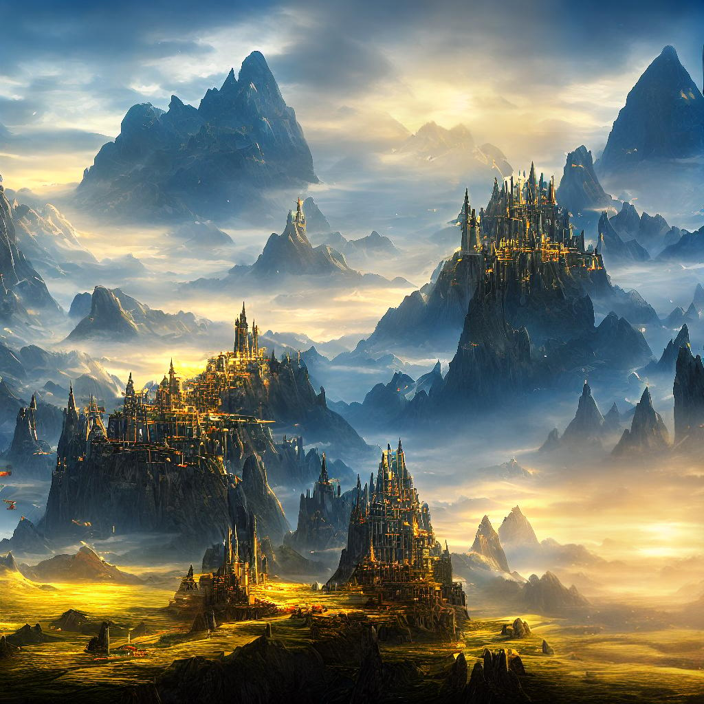  A breathtaking masterpiece in the style of Final Fantasy, with the best quality and 8k resolution. The scene depicts a mesmerizing fantasy world, filled with vibrant colors and high detailed landscapes. The main subject of the scene is a fearless warrior, ((wielding a legendary sword)), standing atop a majestic mountain peak. Surrounding the warrior are mystical creatures ((soaring through the skies)), casting radiant spells and illuminating the scene with their magical glow. The scene is further enhanced by the presence of sprawling castles ((adorned with intricate architecture)) and cascading waterfalls, adding a sense of grandeur and wonder. The lighting in the scene is ethereal, with a golden sunset casting a warm glow across the entire hyperrealistic, full body, detailed clothing, highly detailed, cinematic lighting, stunningly beautiful, intricate, sharp focus, f/1. 8, 85mm, (centered image composition), (professionally color graded), ((bright soft diffused light)), volumetric fog, trending on instagram, trending on tumblr, HDR 4K, 8K
