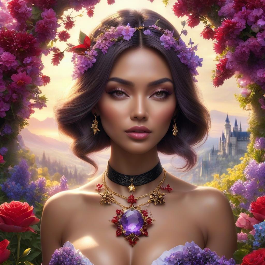  Amethyst in the shape of a star, necklace around the neck of a girl. ((Sparkling rim)): spring field, hyacinths, roses, rosehips, rose hips, peonies, cherry tree, yellow, red, black flowers, forget me nots. Neuschwanstein. hyperrealistic, full body, detailed clothing, highly detailed, cinematic lighting, stunningly beautiful, intricate, sharp focus, f/1. 8, 85mm, (centered image composition), (professionally color graded), ((bright soft diffused light)), volumetric fog, trending on instagram, trending on tumblr, HDR 4K, 8K