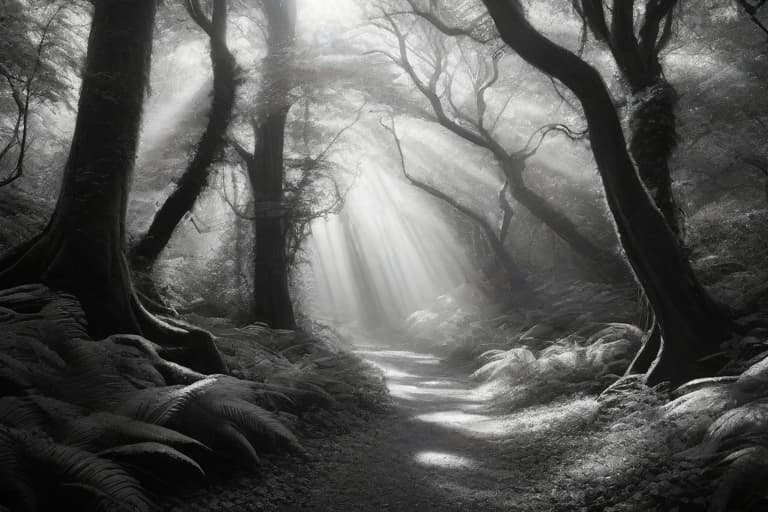  Craft a black and white sketch of a mysterious, overgrown forest path, where dappled sunlight filters through the dense canopy of ancient trees. hyperrealistic, full body, detailed clothing, highly detailed, cinematic lighting, stunningly beautiful, intricate, sharp focus, f/1. 8, 85mm, (centered image composition), (professionally color graded), ((bright soft diffused light)), volumetric fog, trending on instagram, trending on tumblr, HDR 4K, 8K