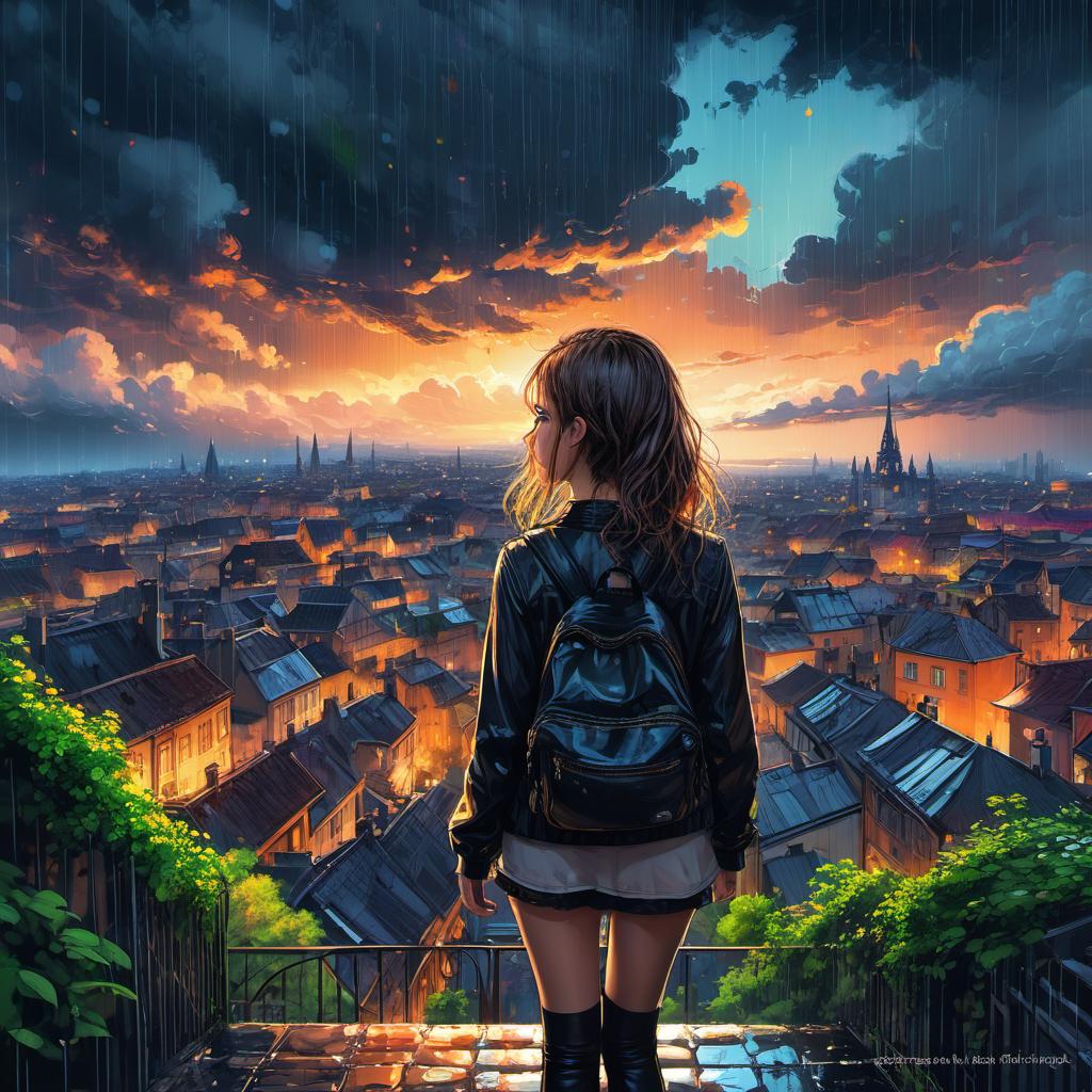  European girl, The view from behind, on the ciberpunk city, after rain , clouds, vivid, highly detailed, anime style, hand-drawn, combined with digital art, night, whimsical, (enchanting atmosphere:1.1), warm lighting , depth of field, Wacom Cintiq, Adobe Photoshop, 300 DPI, (hdr:1.2), dark perple shadows