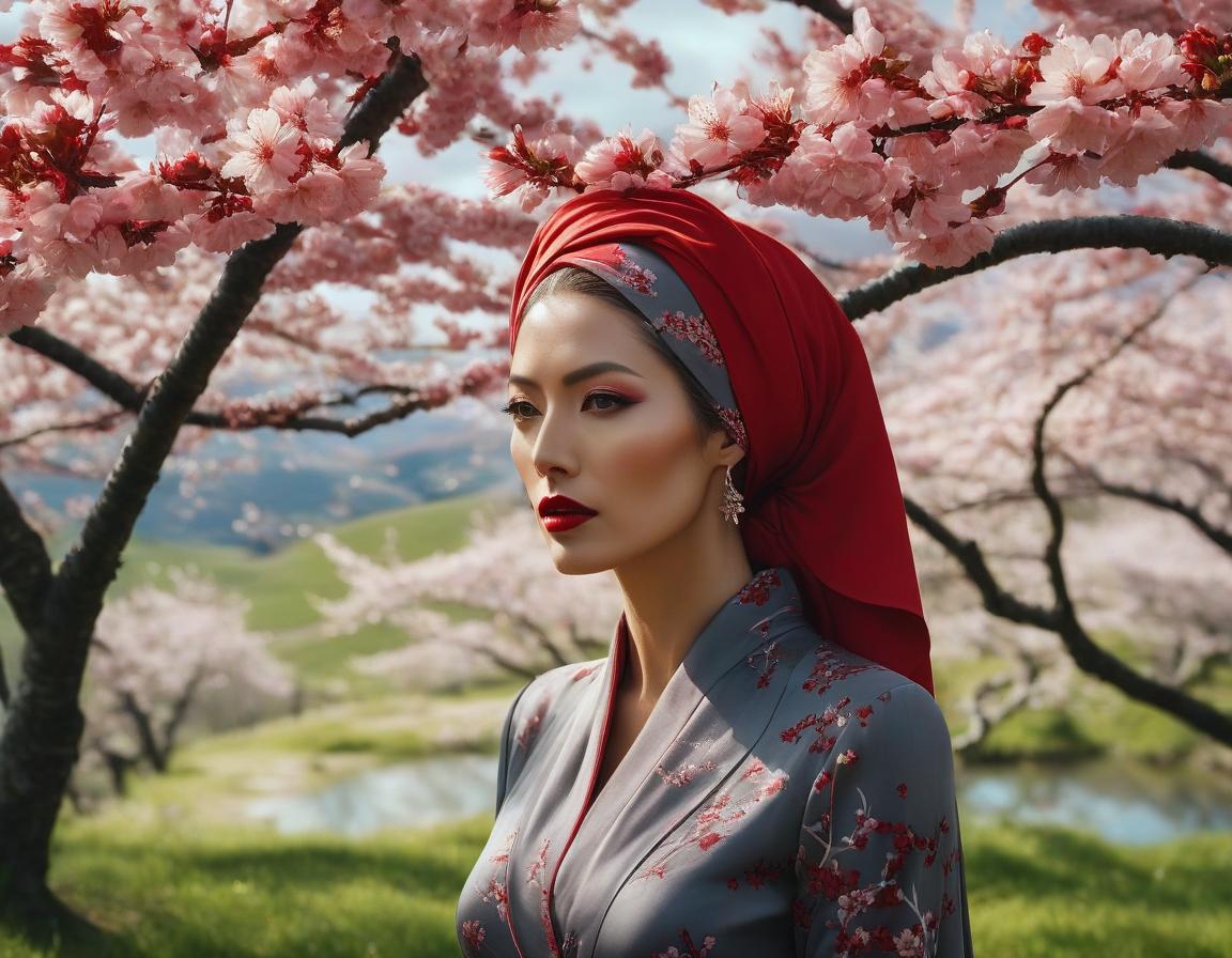  surrealist art A digital art portrait of a woman with a red headscarf, cherry blossoms in her hair, and serene landscape in the background. . dreamlike, mysterious, provocative, symbolic, intricate, detailed hyperrealistic, full body, detailed clothing, highly detailed, cinematic lighting, stunningly beautiful, intricate, sharp focus, f/1. 8, 85mm, (centered image composition), (professionally color graded), ((bright soft diffused light)), volumetric fog, trending on instagram, trending on tumblr, HDR 4K, 8K