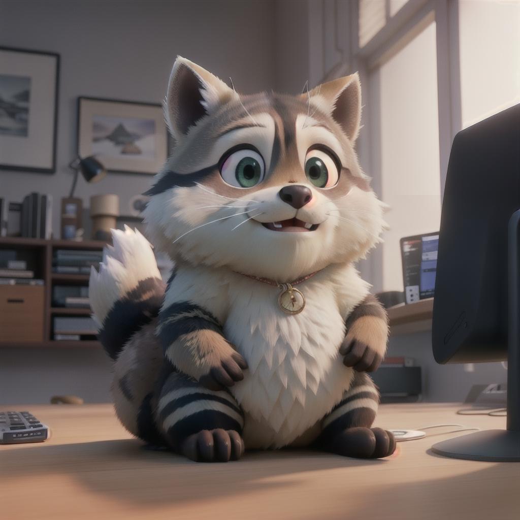  raccoon sitting in gaming chair front a computer on desktop, ((semi anthropomorphic)),(full body), tail, belly, sitting, fat, (chubby), (((white background))), solo, desktop, gaming chair, side view,  [[[clothes]]] hyperrealistic, full body, detailed clothing, highly detailed, cinematic lighting, stunningly beautiful, intricate, sharp focus, f/1. 8, 85mm, (centered image composition), (professionally color graded), ((bright soft diffused light)), volumetric fog, trending on instagram, trending on tumblr, HDR 4K, 8K