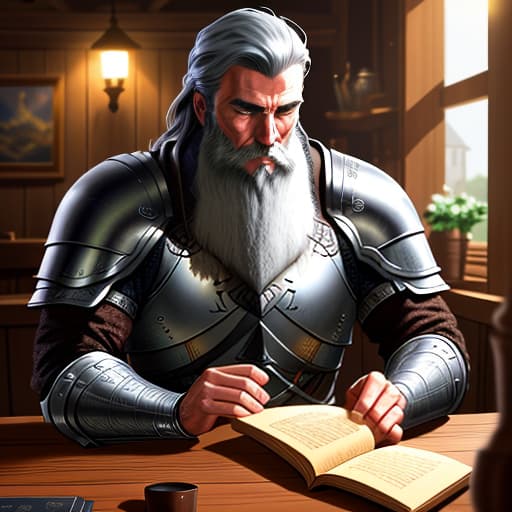  A bearded knight reads a book in the tavern. hyperrealistic, full body, detailed clothing, highly detailed, cinematic lighting, stunningly beautiful, intricate, sharp focus, f/1. 8, 85mm, (centered image composition), (professionally color graded), ((bright soft diffused light)), volumetric fog, trending on instagram, trending on tumblr, HDR 4K, 8K