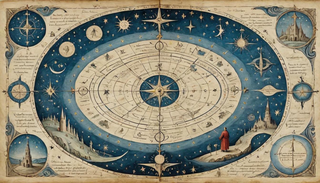  on parchment, surrealism+++, A figure standing at a crossroads under a celestial map, stars aligning in patterns, purpose, guidance(mysterious, provocative, symbolic,muted color)+++