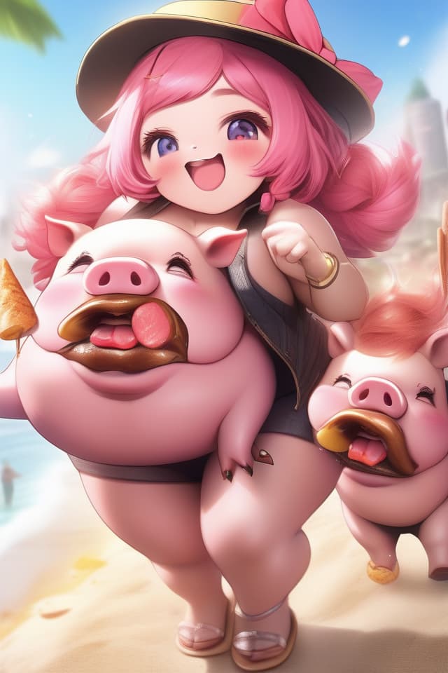  extremely obese girl、pink colored hair、((bright deep pink colored drooping pig's ears:1.4、ultra detailed plump & fat face sweaty smile:1.4、ultra detailed shiny black skin:1.4))、(((on the beach:1.4、barbecue:1.4)))、(、eating a lot of barbecue)、dutch angle、best quality:1.4、masterpiece:1.4、ultra detailed texture、RAW photorealistic、absurd resolution、8K illustration、💩、💩、💩、💩、💩、💩、