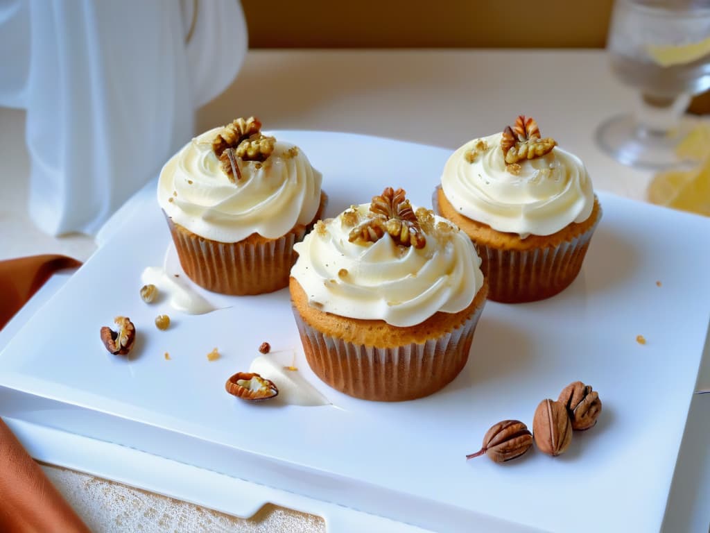  An image of a freshly baked carrot and walnut cupcake sitting on a sleek, modern white plate, garnished with a sprinkle of finely chopped walnuts and a delicate drizzle of cream cheese frosting. The cupcake is moist and fluffy, with visible shreds of carrot and chunks of walnuts peeking through the goldenbrown crust. The background is a soft, neutral color, emphasizing the simplicity and elegance of the presentation. hyperrealistic, full body, detailed clothing, highly detailed, cinematic lighting, stunningly beautiful, intricate, sharp focus, f/1. 8, 85mm, (centered image composition), (professionally color graded), ((bright soft diffused light)), volumetric fog, trending on instagram, trending on tumblr, HDR 4K, 8K