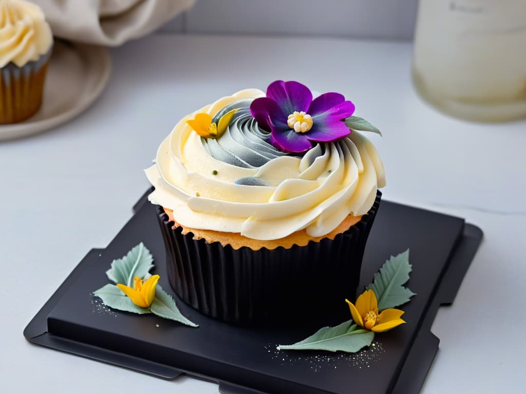  A closeup, ultradetailed photograph of a perfectly frosted cupcake with intricate swirls of pastelcolored buttercream, adorned with delicate edible flowers and shimmering gold leaf. The cupcake sits on a sleek, matte black plate against a soft, neutral background, emphasizing the elegant simplicity and artistry of the confection. hyperrealistic, full body, detailed clothing, highly detailed, cinematic lighting, stunningly beautiful, intricate, sharp focus, f/1. 8, 85mm, (centered image composition), (professionally color graded), ((bright soft diffused light)), volumetric fog, trending on instagram, trending on tumblr, HDR 4K, 8K