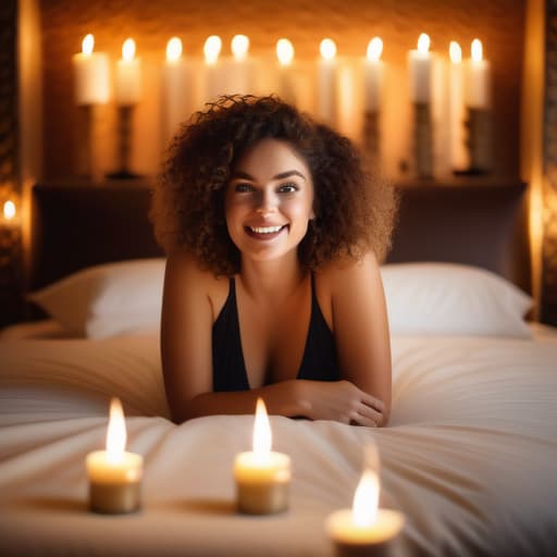  Excited young woman with curly brown hair, facing camera, sitting left side edge of king size bed, surrounded by numerous many lit burning candles, in luxury hotel room. Cosy romantic atmosphere, interesting artwork painting on wall