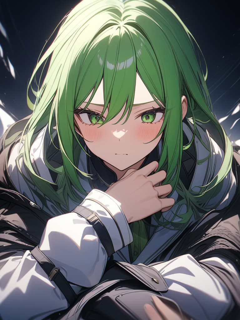  Green hair character's true expression, masterpiece, best quality,8k,ultra detailed,high resolution,an extremely delicate and beautiful,hyper detail