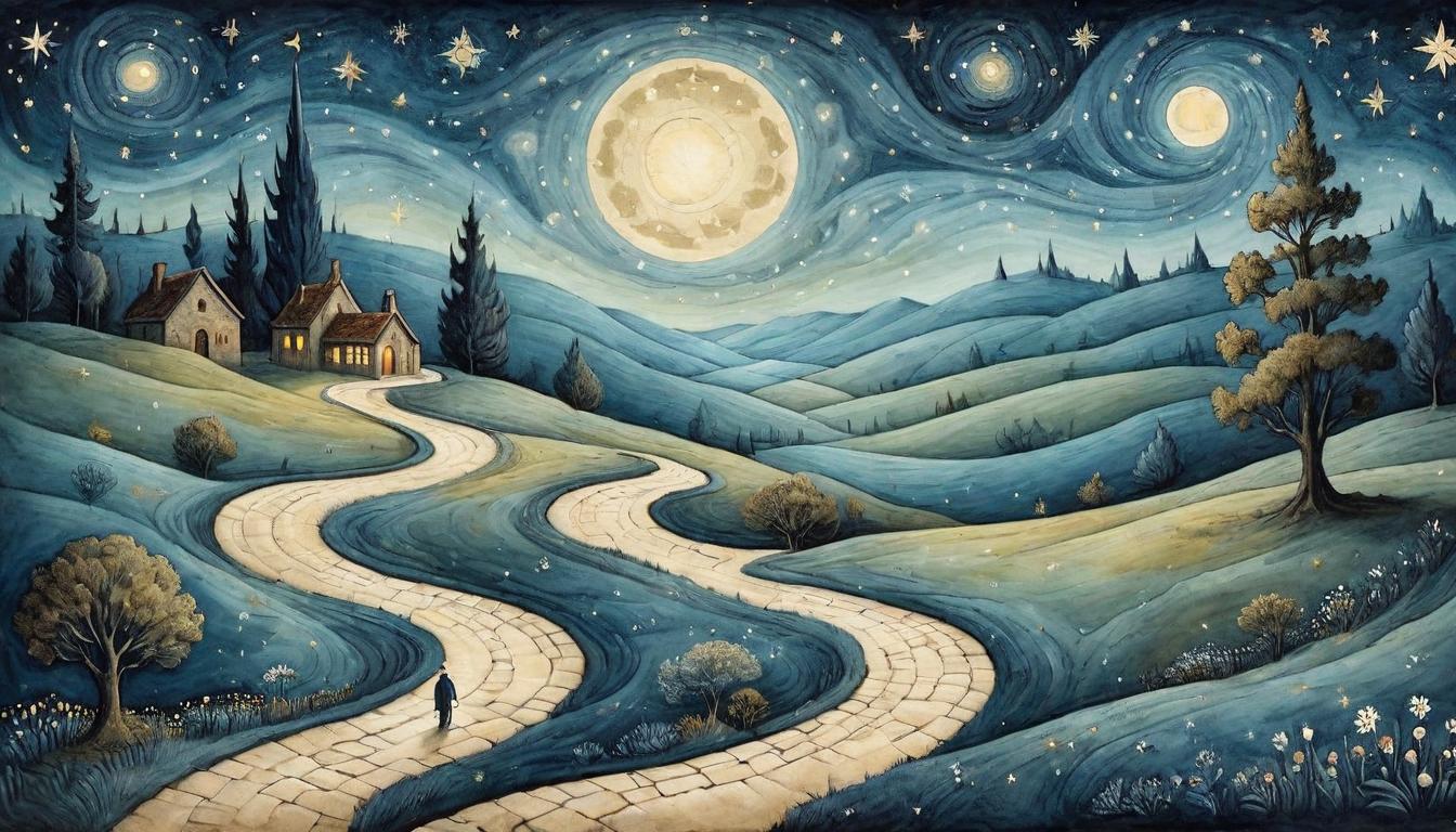  on parchment, surrealism+++, A lone figure walking on a winding path through a starry night, soft starlight, solitary, hopeful(mysterious, provocative, symbolic,muted color)+++