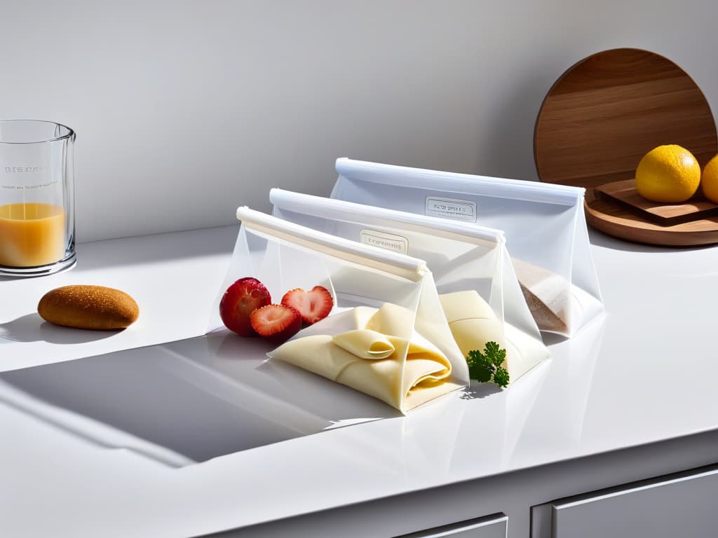  A highresolution, ultradetailed image of a variety of reusable pastry bags neatly organized on a sleek, modern kitchen countertop. The pastry bags are of different sizes and colors, showcasing their versatility and sustainability. The image captures the essence of a professional and sustainable approach to pastry decoration, with a focus on minimalistic design and highquality materials. hyperrealistic, full body, detailed clothing, highly detailed, cinematic lighting, stunningly beautiful, intricate, sharp focus, f/1. 8, 85mm, (centered image composition), (professionally color graded), ((bright soft diffused light)), volumetric fog, trending on instagram, trending on tumblr, HDR 4K, 8K