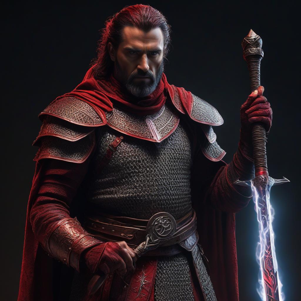  Dampir, wearing a chainmail tunic. In his right hand, he holds a staff inscribed with runes, while his left hand is enveloped in red energy. On the exposed parts of his skin, rotting stigmata can be seen, creating a frightening and mysterious appearance for this character. hyperrealistic, full body, detailed clothing, highly detailed, cinematic lighting, stunningly beautiful, intricate, sharp focus, f/1. 8, 85mm, (centered image composition), (professionally color graded), ((bright soft diffused light)), volumetric fog, trending on instagram, trending on tumblr, HDR 4K, 8K