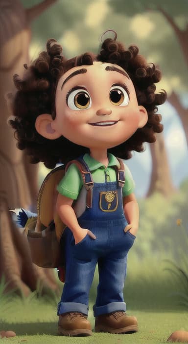  {Riley looking up at the tree with a big smile, animals surrounding them., Riley, a curious with big brown eyes and curly hair, wearing overalls and carrying a small backpack. Their friend, Skye, a bluebird with shiny feathers.