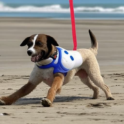  dos cachorros de perro de raza san bernando jugando en la playa con un balón de fútbol,mientra una chica corre detrás de ellos con un collar de perro. Imagen graciosa.