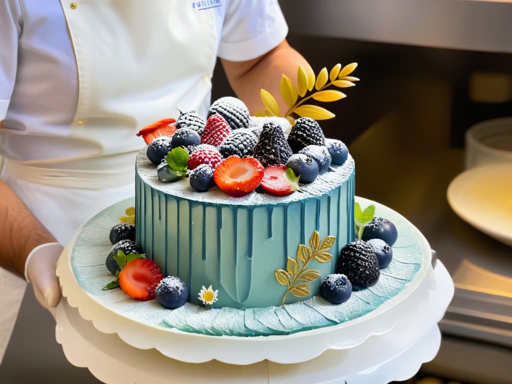  A photorealistic image of a pastry chef delicately piping intricate designs onto a multilayered cake, with precision and focus evident in their hands as they create a modern artistic masterpiece in a professional kitchen setting. The chef is surrounded by an array of vibrant, fresh ingredients like berries, edible flowers, and gold leaf, adding a touch of inspiration and elegance to the scene. The lighting is soft yet highlights the details of the chef's technique, capturing the essence of modern pastry artistry. hyperrealistic, full body, detailed clothing, highly detailed, cinematic lighting, stunningly beautiful, intricate, sharp focus, f/1. 8, 85mm, (centered image composition), (professionally color graded), ((bright soft diffused light)), volumetric fog, trending on instagram, trending on tumblr, HDR 4K, 8K