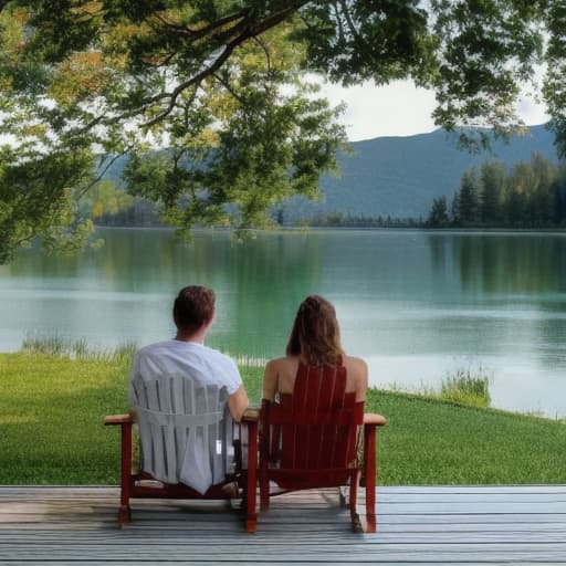  two lovers are sitting on the porch of a fabulous house by the lake shore