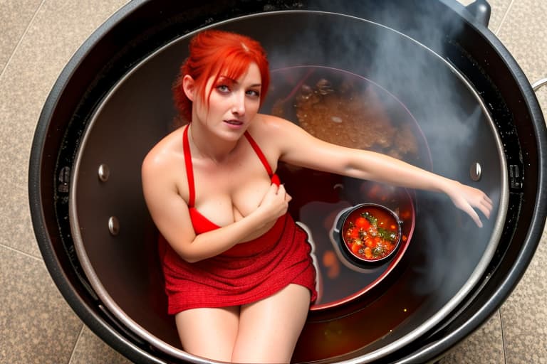  hot ty gipsy with red hair sweating sitting in big boiling pot with stew