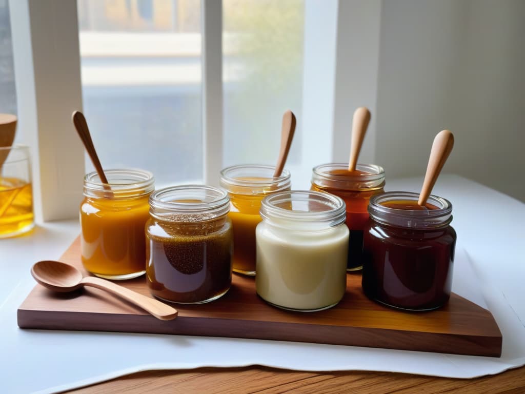  An 8k ultradetailed image of a sleek, modern kitchen countertop adorned with a variety of organic natural sweeteners such as agave syrup, coconut sugar, maple syrup, and dates neatly arranged in minimalist glass jars and wooden spoons. The soft natural light filtering in through a nearby window highlights the textures and colors of the sweeteners, creating a visually appealing and inviting scene for incorporating natural sweeteners into vegan desserts. hyperrealistic, full body, detailed clothing, highly detailed, cinematic lighting, stunningly beautiful, intricate, sharp focus, f/1. 8, 85mm, (centered image composition), (professionally color graded), ((bright soft diffused light)), volumetric fog, trending on instagram, trending on tumblr, HDR 4K, 8K