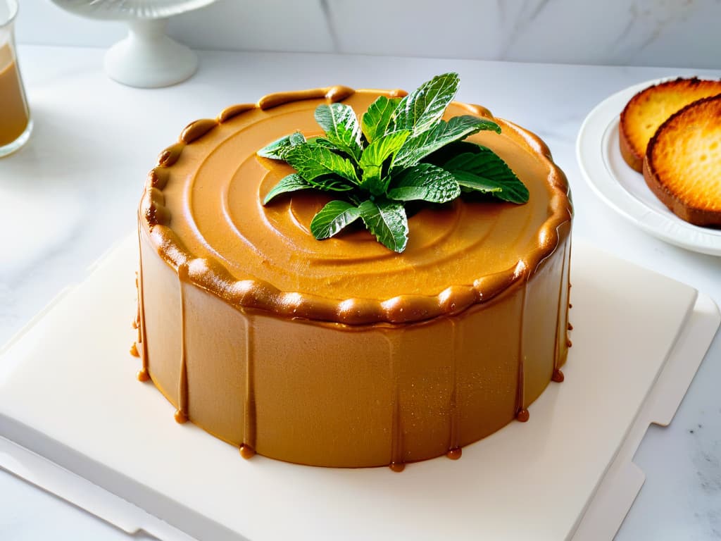  A closeup, ultradetailed image of a goldenbrown yacón cake fresh out of the oven, with a shimmering glaze cascading down its sides. The cake sits on a sleek, white marble countertop, with a scattering of raw yacón roots and a sprig of fresh mint as elegant garnishes. The intricate textures of the moist cake crumb and the glossy glaze are incredibly vivid, highlighting the artistry and skill involved in creating a delectable yacóninfused dessert. hyperrealistic, full body, detailed clothing, highly detailed, cinematic lighting, stunningly beautiful, intricate, sharp focus, f/1. 8, 85mm, (centered image composition), (professionally color graded), ((bright soft diffused light)), volumetric fog, trending on instagram, trending on tumblr, HDR 4K, 8K