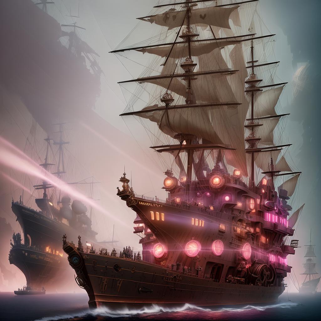  The Last Ship Envy, steampunk, stylized digital illustration, sharp focus, elegant, intricate, digital painting, artstaion concept art, global illumination,ray tracing, advanced technology, chaykan howard, campion pascal,cooke darwin, davis jack, pink atmosphere