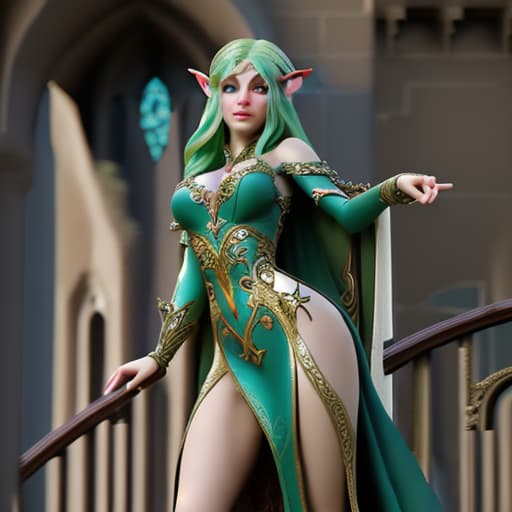  fantasy elven beautifull and opulent dress over balcony with her tight up watching out of castle on her kingdom