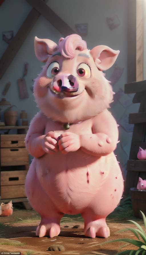  A big, pink pig named Percy in a farmyard, covered in mud and grinning mischievously. hyperrealistic, full body, detailed clothing, highly detailed, cinematic lighting, stunningly beautiful, intricate, sharp focus, f/1. 8, 85mm, (centered image composition), (professionally color graded), ((bright soft diffused light)), volumetric fog, trending on instagram, trending on tumblr, HDR 4K, 8K