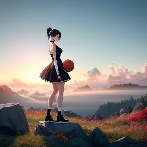  anime girl black hair bright dark brown eyes red and white basketball uniform with the number 18 and the name Nicky white and black shoes Have your hair in a medium high ponytail with two strands on the sides of your ears, have a basketball and look full body Pastel Palette, Da Vinci's Dreams, Picasso's , Sunrise Splendors, Floral Fantasy, Mystical Moonscapes, Urban Nature, Crystal Clear, Cinematic hyperrealistic, full body, detailed clothing, highly detailed, cinematic lighting, stunningly beautiful, intricate, sharp focus, f/1. 8, 85mm, (centered image composition), (professionally color graded), ((bright soft diffused light)), volumetric fog, trending on instagram, trending on tumblr, HDR 4K, 8K