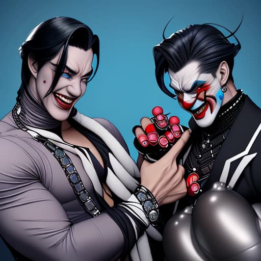  A male villainous muscular clownlike villain, wo wears tight outfit and holds two bombs in his hand while laughing evil. He has stylish black hair and not much make up. But a hot bodytyp