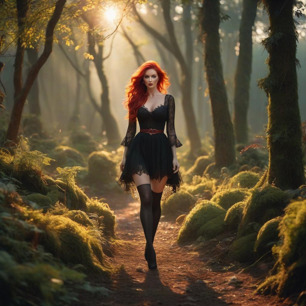  a beautiful, , red haired in torn stockings walking through a fairy forest in the evening at the golden hour. hyperrealistic, full body, detailed clothing, highly detailed, cinematic lighting, stunningly beautiful, intricate, sharp focus, f/1. 8, 85mm, (centered image composition), (professionally color graded), ((bright soft diffused light)), volumetric fog, trending on instagram, trending on tumblr, HDR 4K, 8K