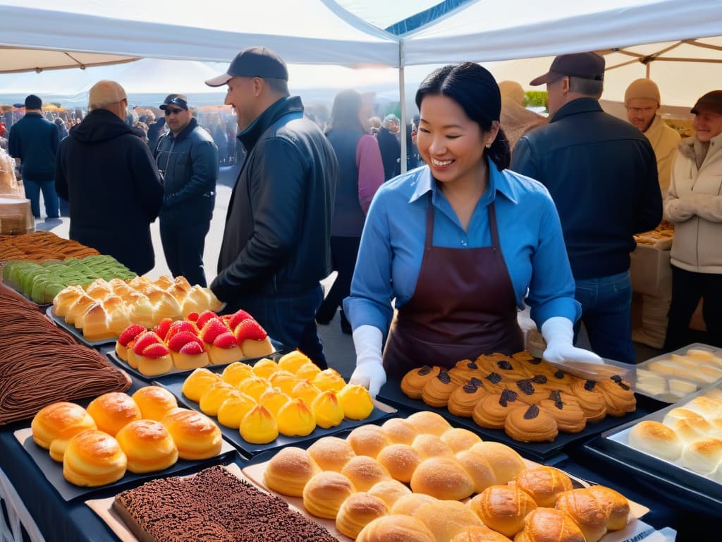  A vibrant and bustling farmers' market scene, with various vendors selling colorful array of freshly baked pastries and desserts, surrounded by a diverse group of community members eagerly engaging with the vendors, sampling treats, and exchanging smiles. The image captures the essence of community involvement and engagement in a lively and inviting setting, showcasing the connection between local artisans and residents in a warm and welcoming environment. hyperrealistic, full body, detailed clothing, highly detailed, cinematic lighting, stunningly beautiful, intricate, sharp focus, f/1. 8, 85mm, (centered image composition), (professionally color graded), ((bright soft diffused light)), volumetric fog, trending on instagram, trending on tumblr, HDR 4K, 8K